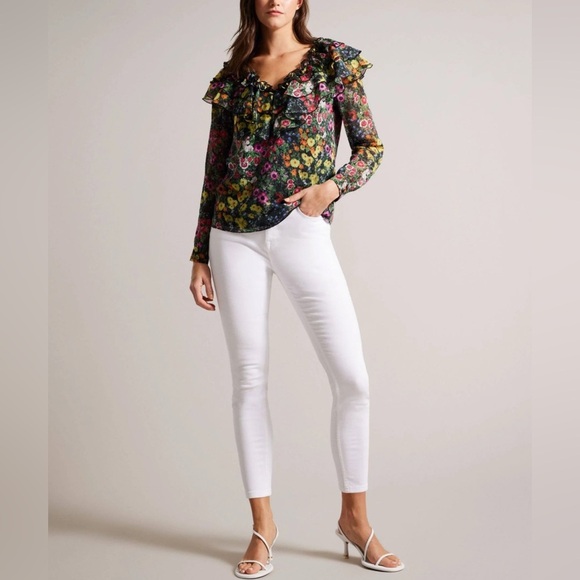 NWT! $195 Ted Baker London Floral Ruffle Blouse Black Floral MulticolorSize S - Picture 4 of 9
